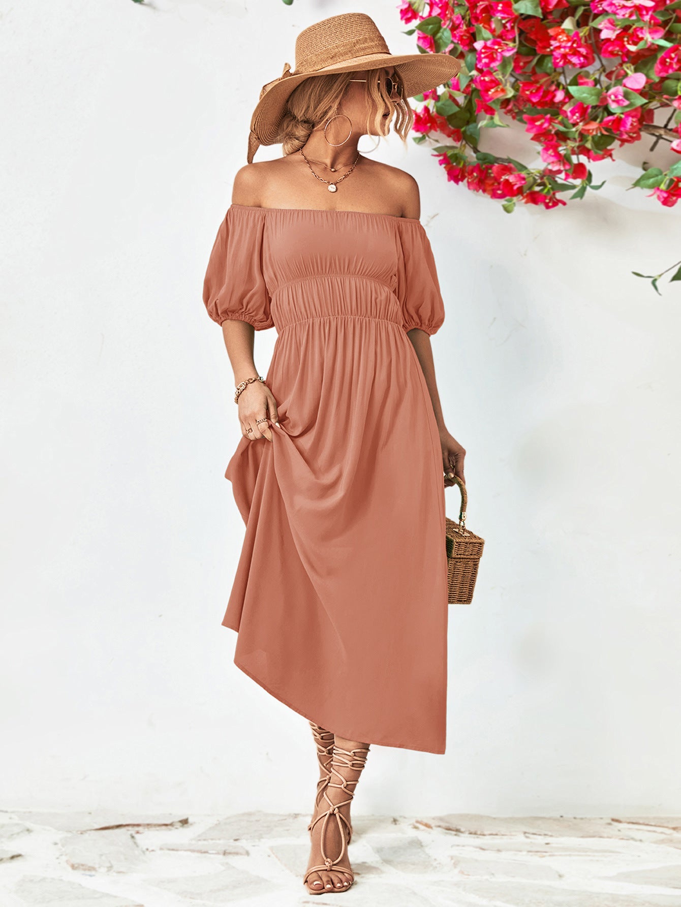 Dusty Pink off-shoulder midi dress with gathered bodice and balloon sleeves.