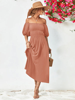 Dusty Pink off-shoulder midi dress with gathered bodice and balloon sleeves.