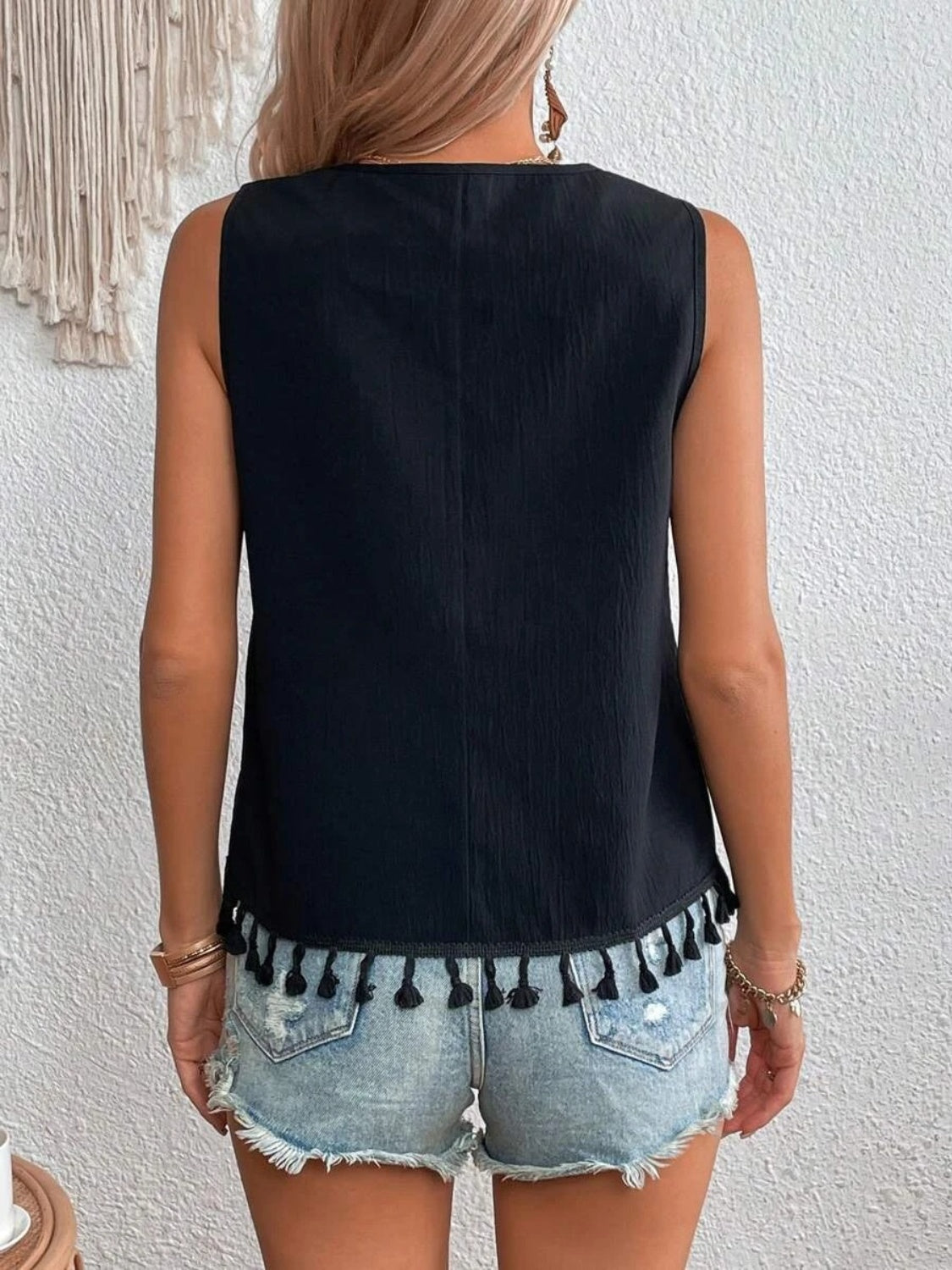 Black embroidered V-neck tank top with tassel trim, 100% polyester, casual bohemian style