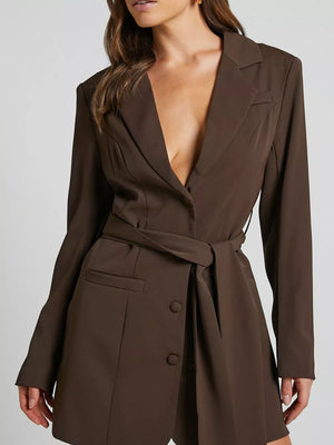 Chic tie-waist blazer dress in coffee with button front and deep V-neckline.