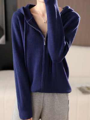 Dark Blue ribbed knit zip-through hoodie with a drawstring hood and silver zipper.