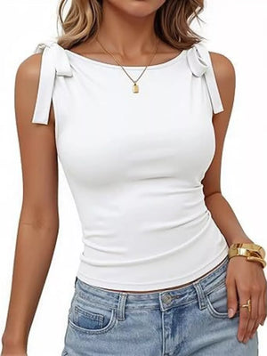 White bow-tied shoulder tank top with boat neckline and slim fit