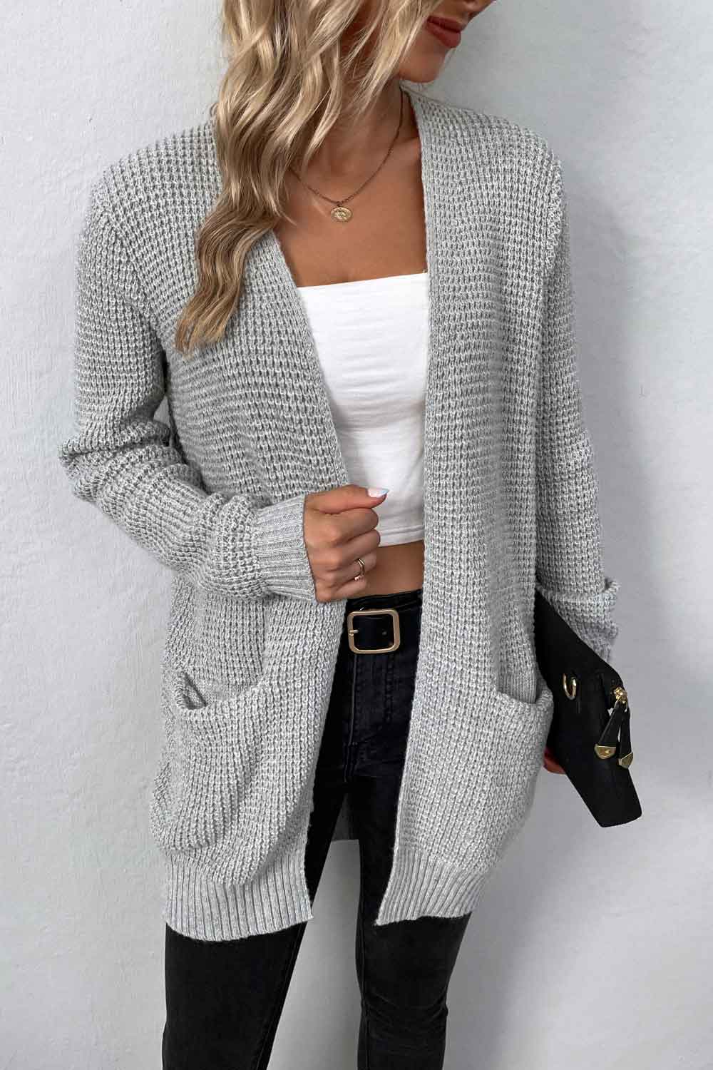 Light gray waffle knit longline cardigan with pockets and open front