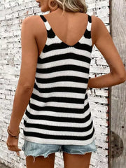 Relaxed black and white striped V-neck knit tank top with spaghetti straps.