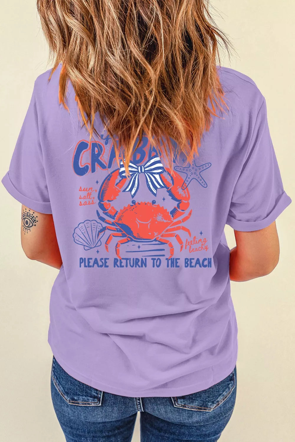 Lavender polyester maternity t-shirt with playful crab graphic and beachy text.