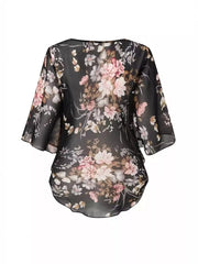 Sheer Floral Print Blouse With Flutter Sleeves in Black, close-up detail