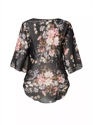 Sheer Floral Print Blouse With Flutter Sleeves in Black, close-up detail