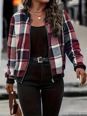 Plaid bomber jacket in burgundy with ribbed cuffs and collar, zip front.