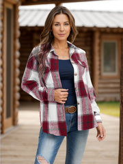 Checked plaid button-down overshirt in burgundy and white, with buttoned chest pockets.
