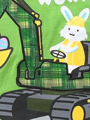 Baby tee with green plaid excavator and bunny driver graphic.