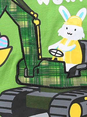 Baby tee with green plaid excavator and bunny driver graphic.