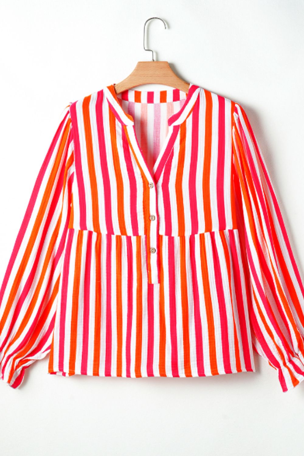Red striped blouse with gathered sleeves and button detail