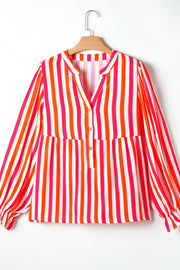 Red striped blouse with gathered sleeves and button detail