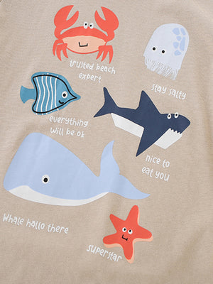 Beige cotton t-shirt with colorful ocean animal graphics and text.
