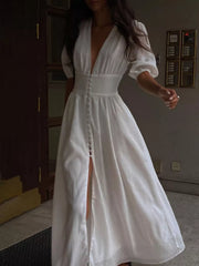 Elegant Puff Sleeve Maxi Dress With Slit