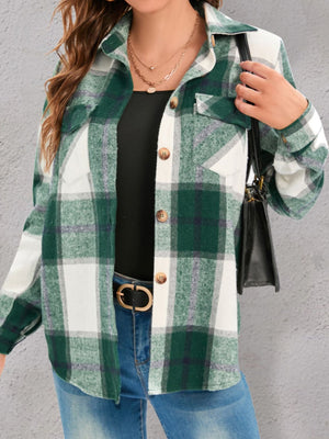 Checked plaid button-down overshirt in dark green with white and purple accents.