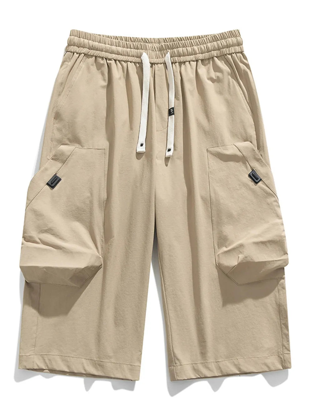 Khaki cargo capris with adjustable drawstring and side pockets