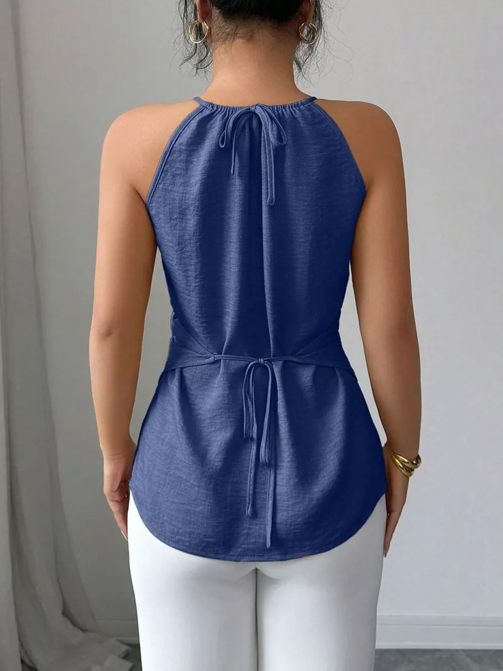 Denim blue polyester cami with gathered neck and tie back detail