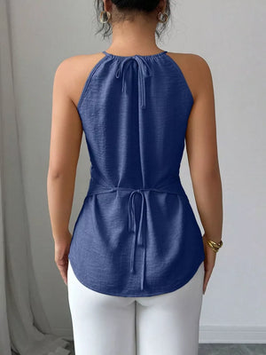 Denim blue polyester cami with gathered neck and tie back detail