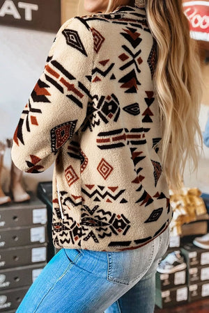 Aztec Print Fleece Snap Down Sweatshirt in Black, fabric detail