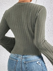 Army green ribbed knit top with scalloped hem and cuffs.