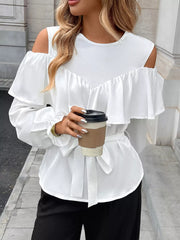 White ruffled cold shoulder maternity blouse with tie belt