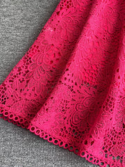 Fuchsia pink lace A-line dress with floral pattern and cutout detail.