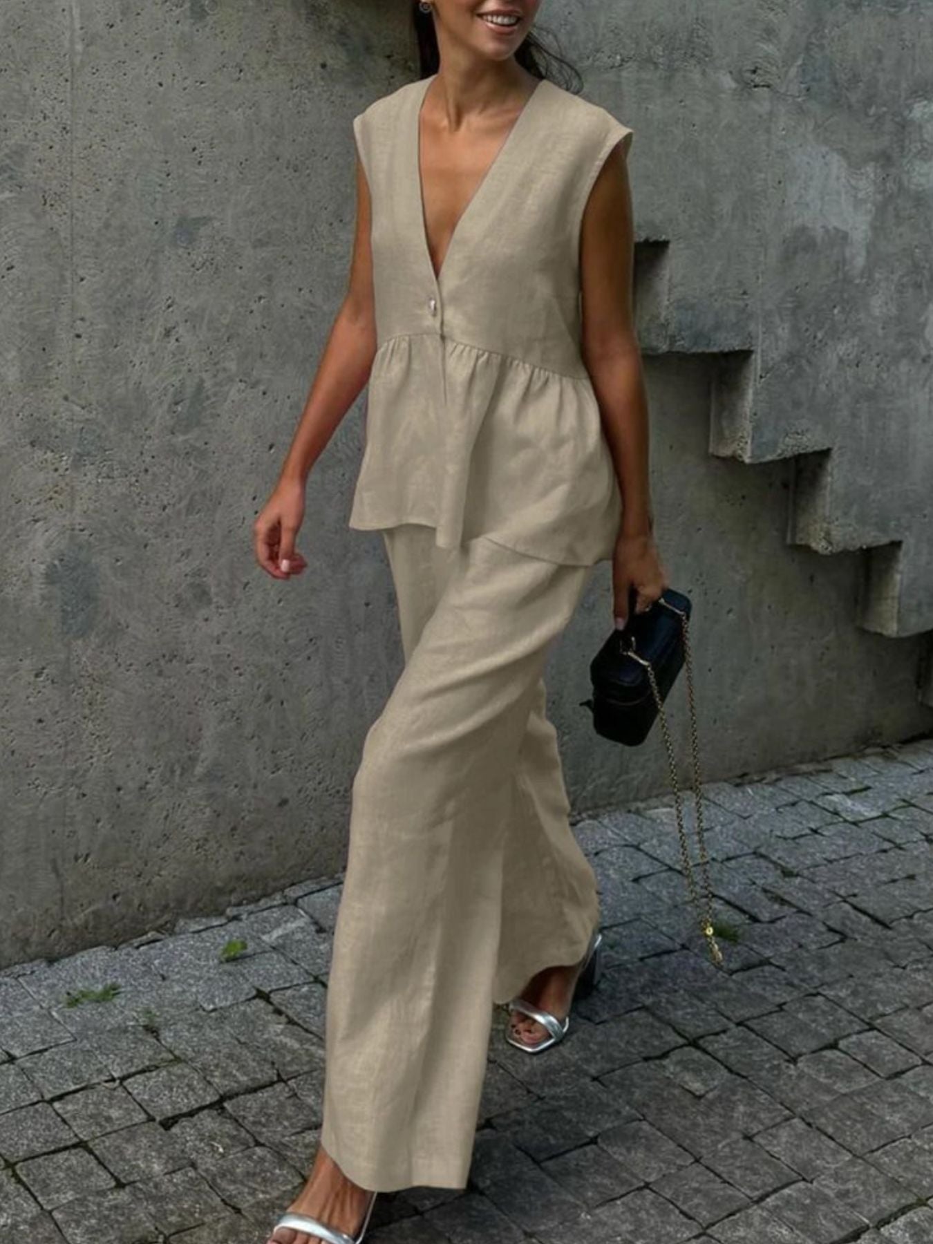 Khaki sleeveless v-neck peplum top and wide-leg pants set