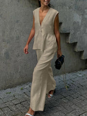 Khaki sleeveless v-neck peplum top and wide-leg pants set