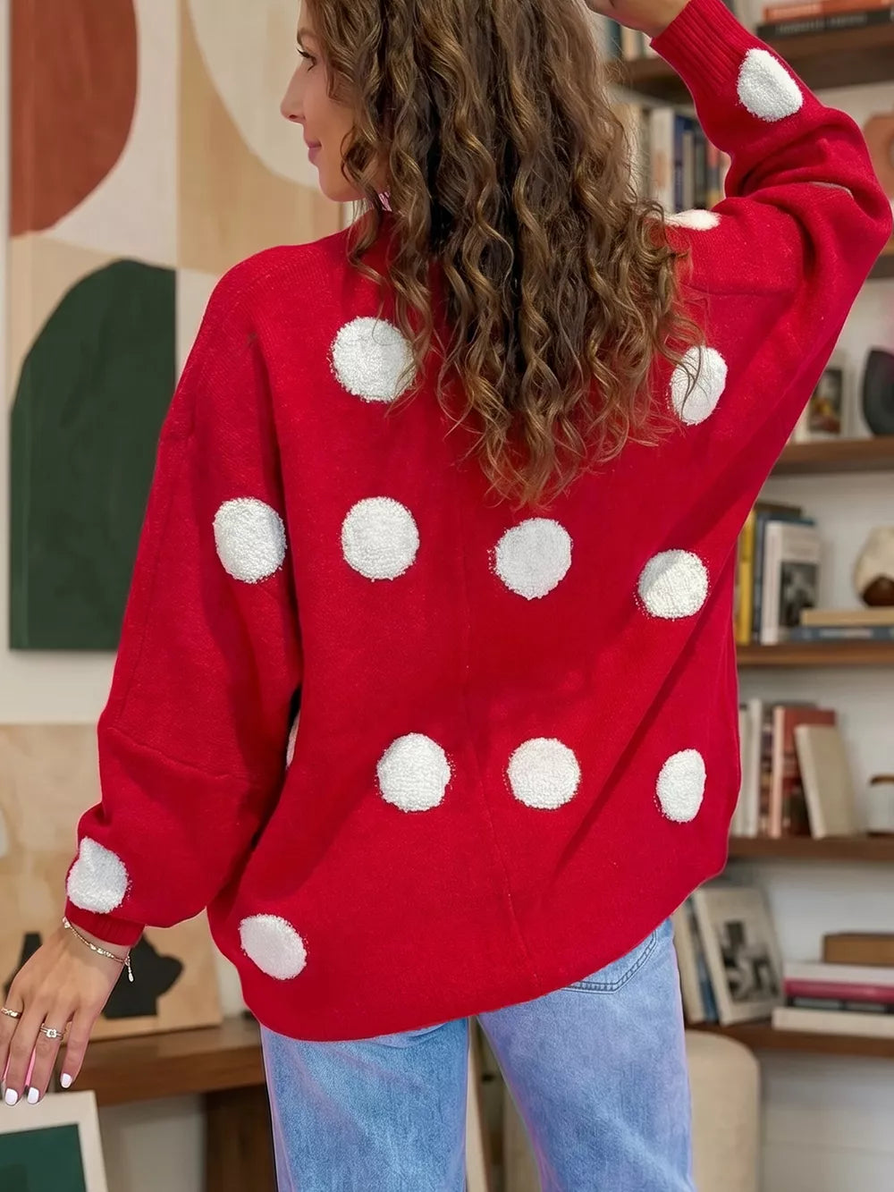 Polka Dot Button Front Oversized V Neck Cardigan in Deep Red, side view