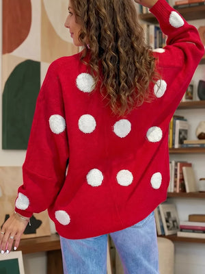 Polka Dot Button Front Oversized V Neck Cardigan in Deep Red, side view