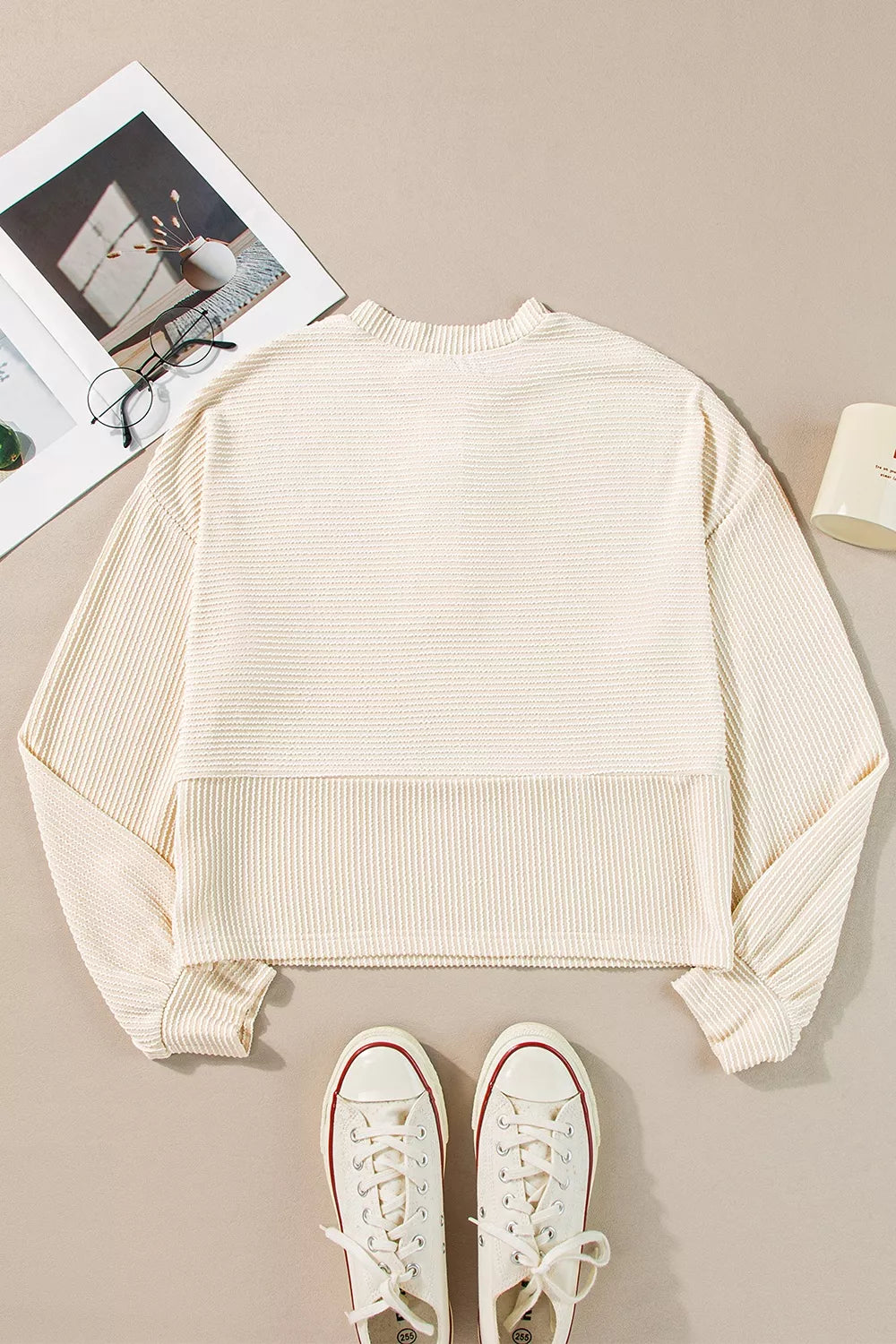 Corded Texture Lantern Sleeve Henley Sweatsuit in Ivory, product detail
