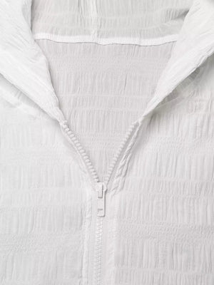 White textured lightweight hooded jacket with crinkled fabric and white zipper.