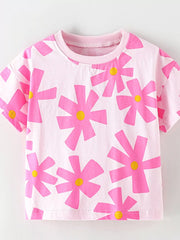 Pink cotton t-shirt for kids with a playful pink floral print and yellow centers.