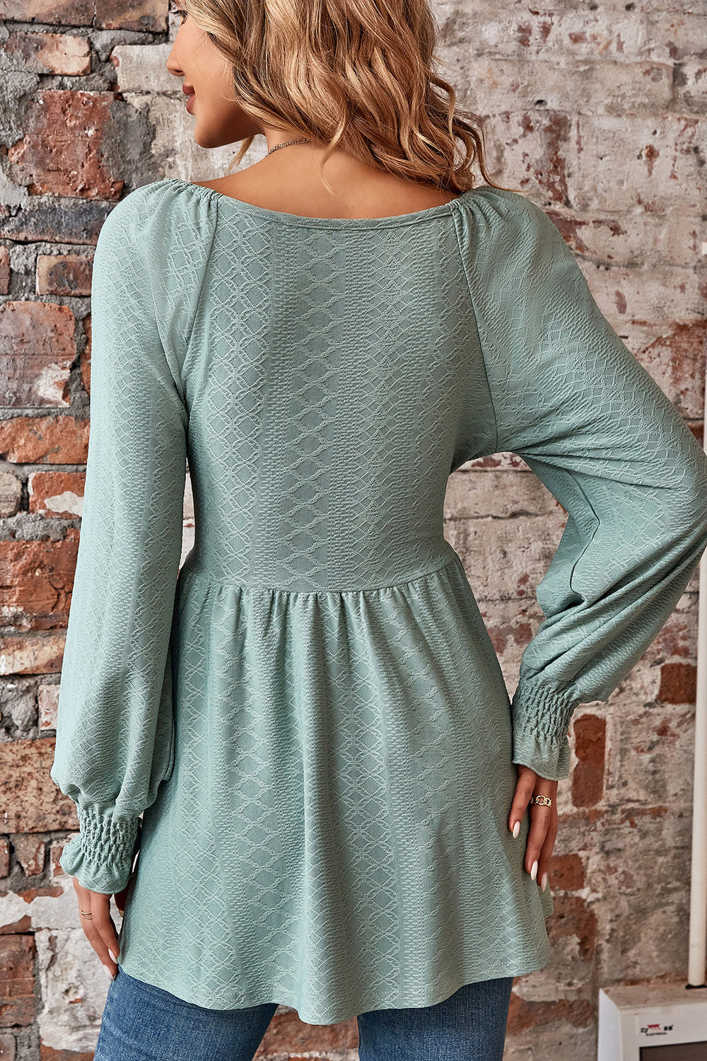 Sage textured blouse with shirred sleeves and empire waist