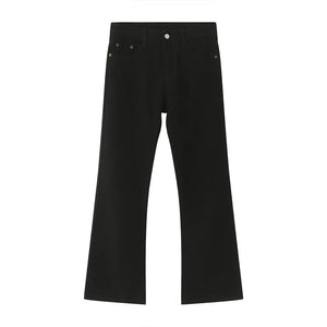 Black denim relaxed flare trousers with a classic five-pocket design.