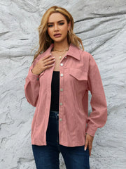 Pinkish corduroy button-up jacket with chest pockets and silver buttons