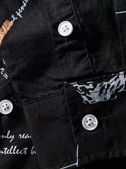 Black cotton blend long sleeve shirt with white button-down detail and graphic print.