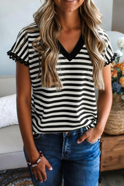 Classic striped V-neck t-shirt with black trim and scalloped sleeves.