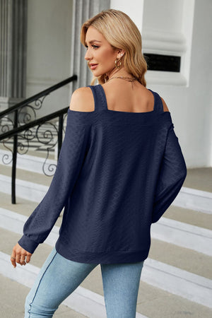 Dark Blue textured open shoulder blouse with square neckline and long sleeves.