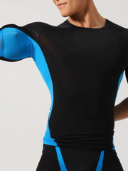 Men's black long sleeve t-shirt with blue performance panels and crew neck.