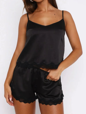 Satin trimmed camisole short set in leopard or black.