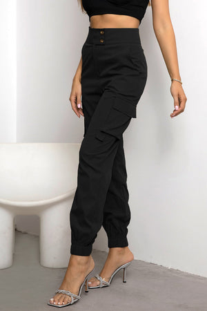 Black utility jogger trousers with cargo pockets and elastic cuffs.