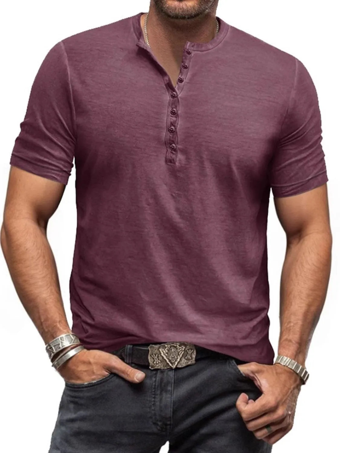 Plum purple Henley tee with subtle washed finish and buttoned neckline.