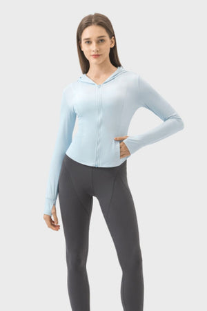 Light blue active hoodie with thumbholes and zipper closure