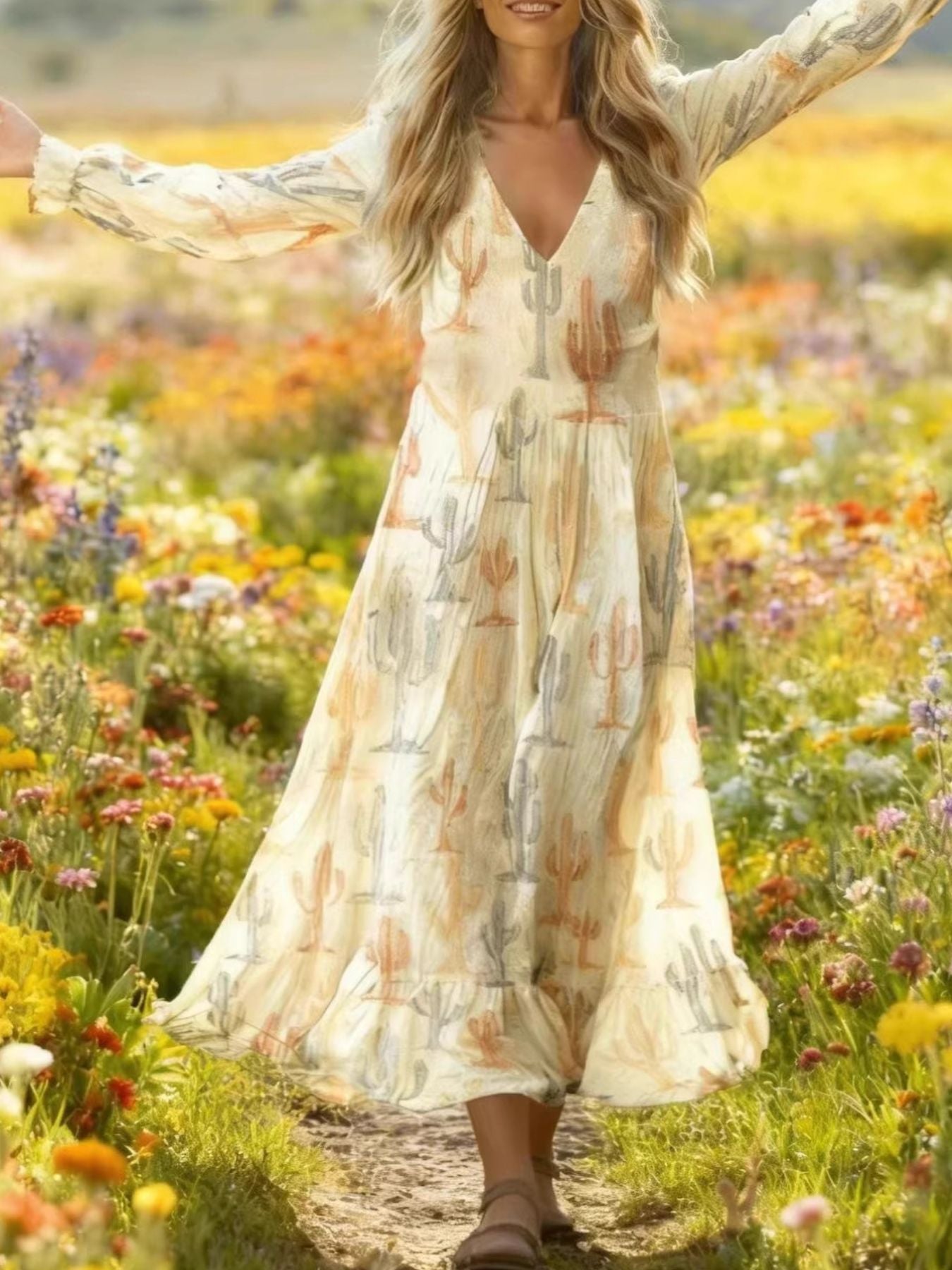Beige cactus print maxi dress with flounce sleeves and a V-neckline.