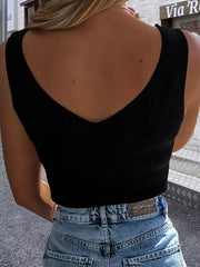Black ribbed V-neck tank top with vertical ribbing detail.