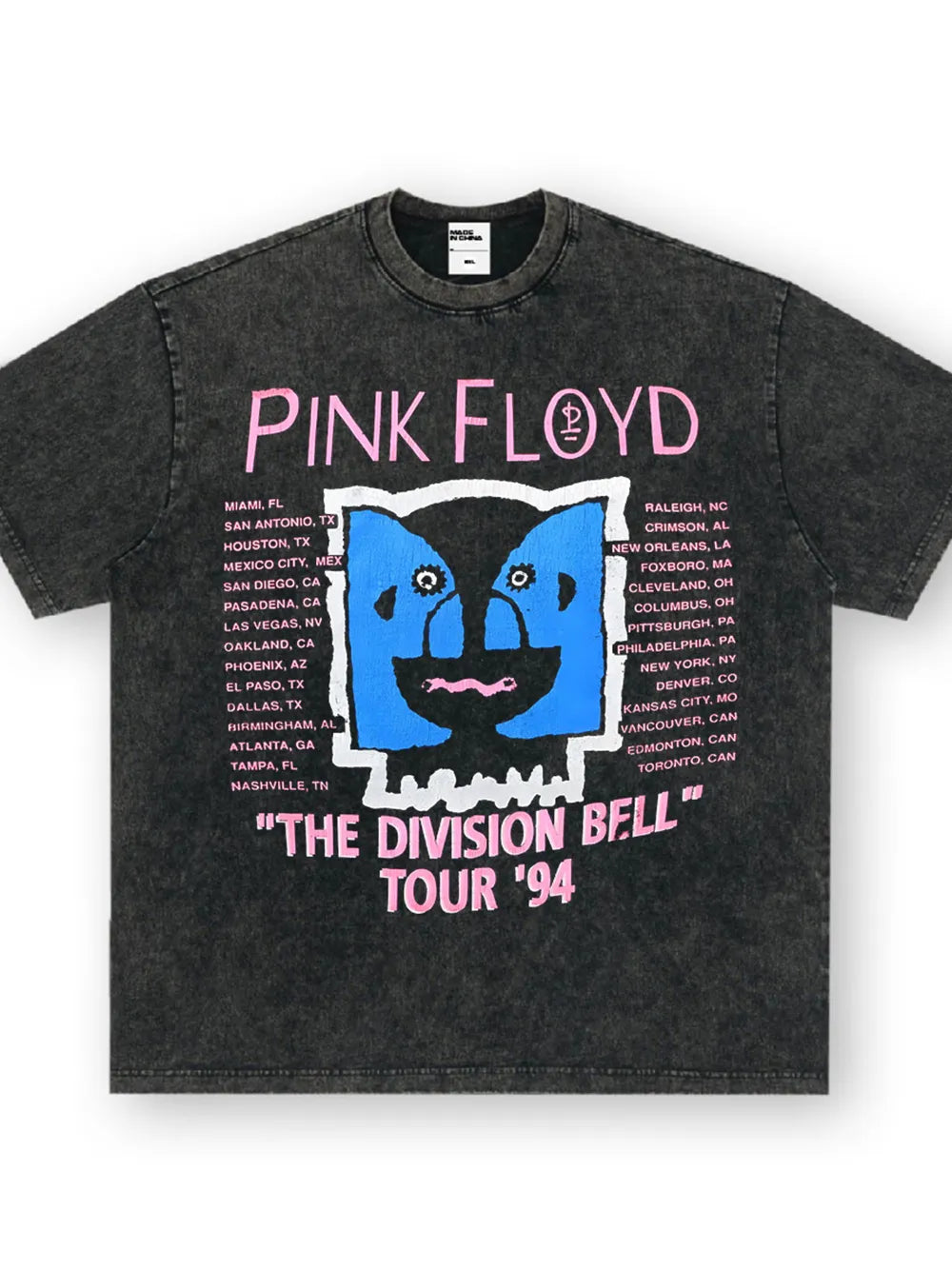 Dark gray cotton crew neck t-shirt with Pink Floyd graphic and tour dates.