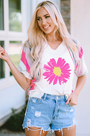 White graphic tee with pink floral print and colorblock sleeves