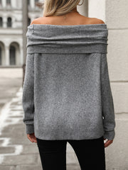 Gray cowl neck knit pullover sweater with off-the-shoulder neckline and ribbed details.